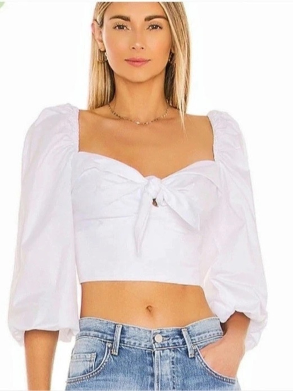 Bardot Puff Sleeve Tie Front Crop Top in White Size XS Like New